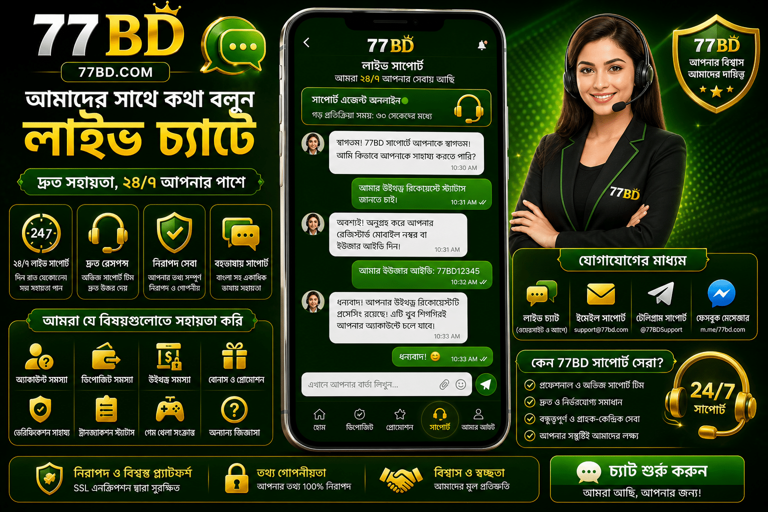 77BD কাস্টমার সাপোর্টের লাইভ চ্যাট এবং সহায়তা পরিষেবা