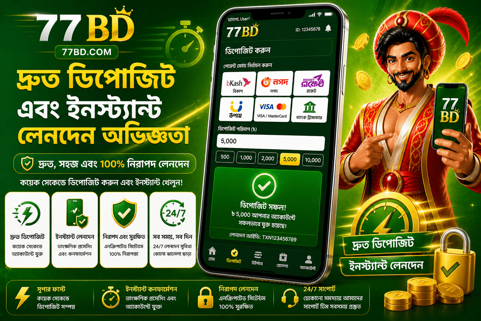 77BD দ্রুত ডিপোজিট এবং ইনস্ট্যান্ট লেনদেন অভিজ্ঞতা