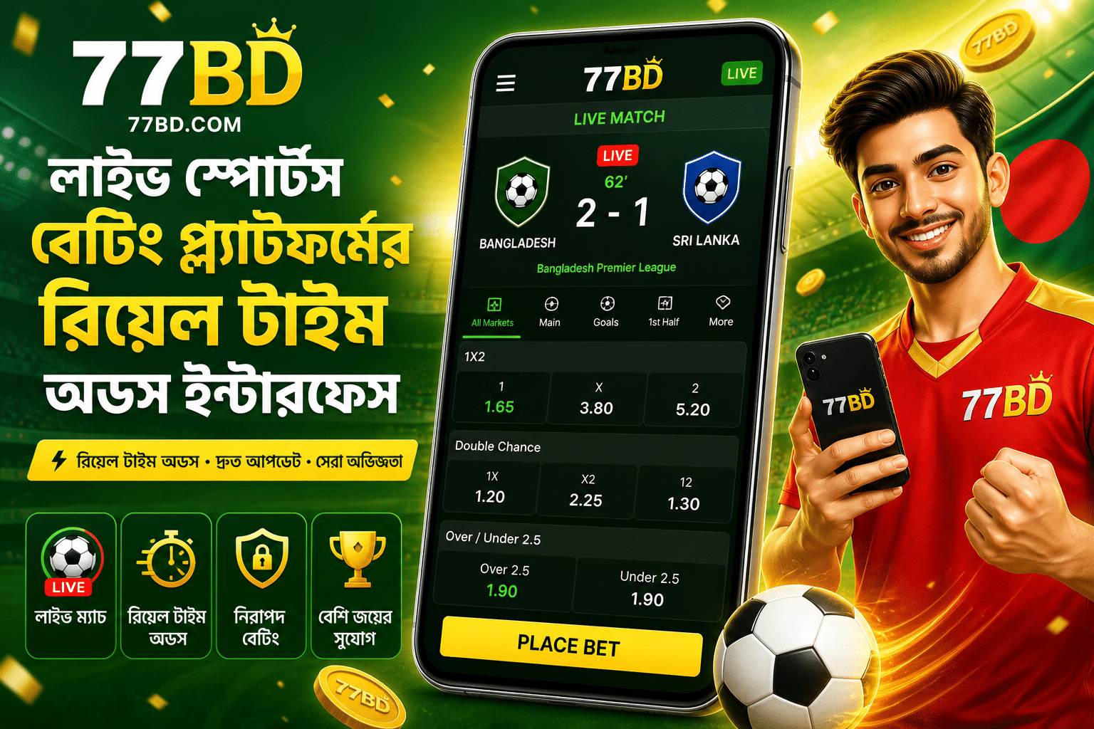 77BD লাইভ স্পোর্টস বেটিং প্ল্যাটফর্মের রিয়েল টাইম অডস ইন্টারফেস